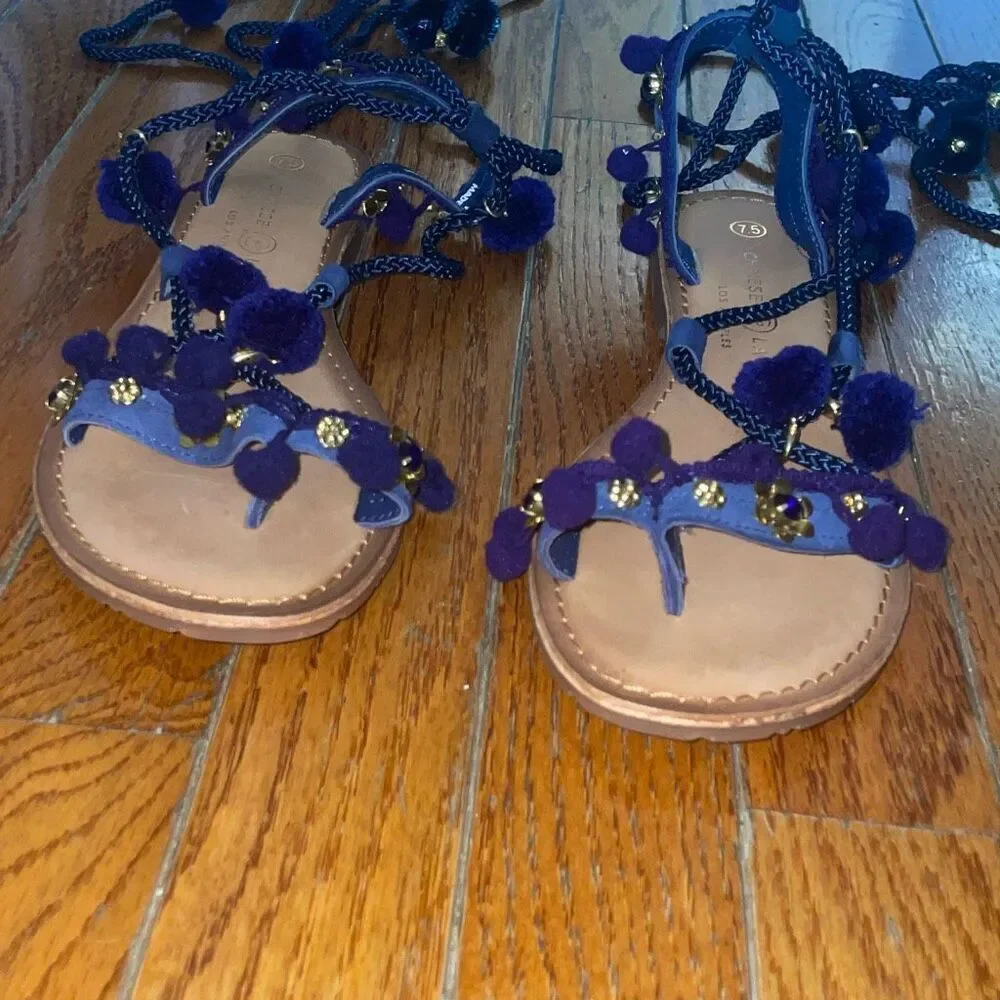 New Chinese laundry blue indigo suede pom Pom Portia gladiator sandals size 7.5